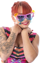 Young Woman Wearing Novelty Sunglasses