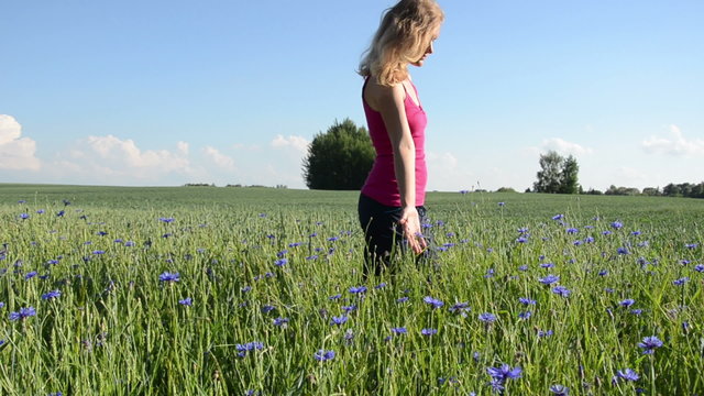 woman goes enjoying the beauty flower field centaurea cyanus
