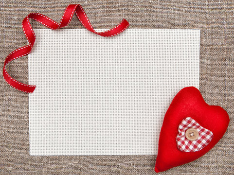 Valentine card with textile heart and ribbon