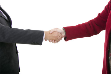 Handshake of business partners, men and women, isolated