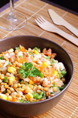 Lentil salad with tuna, tomato, onion, bell pepper and corn