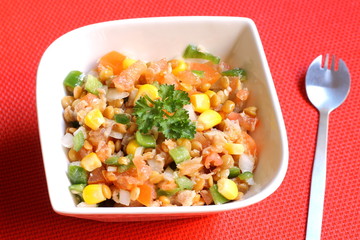 Lentil salad with tuna, tomato, onion, bell pepper and corn