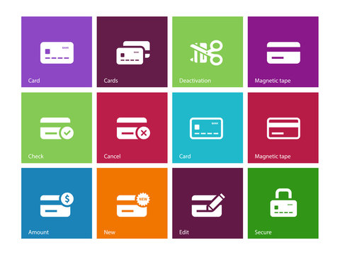 Credit card icons on color background.