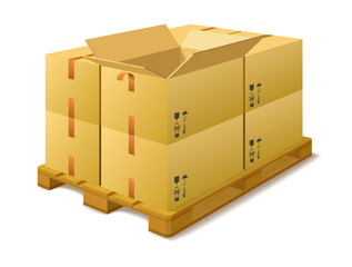 Cardboard boxes on a pallet in stock.