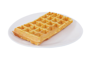 One Belgian waffle on plate, isolated on white background.
