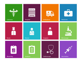 Hospital icons on color background.