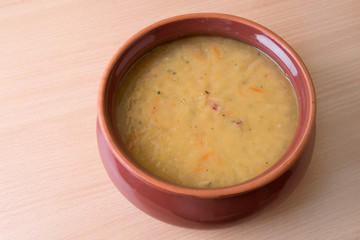 Traditional fresh pea soup in the bowl