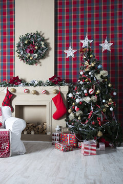 Christmas Tree, Christmas gift boxes in interior