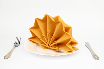 Folded napkin on the white plate