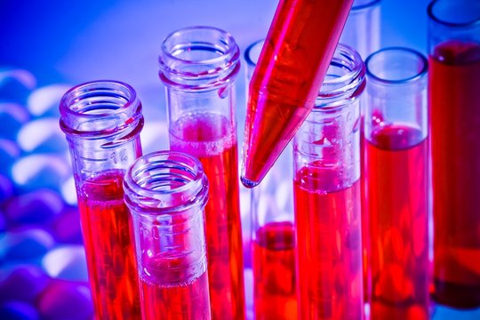 detail of test tubes with red liquid in laboratory