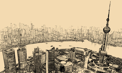 Naklejka premium Szanghaj - widok z lotu ptaka nad rzeką