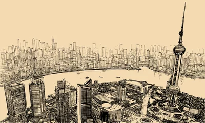 Poster Shanghai - aerial view above the river © Isaxar