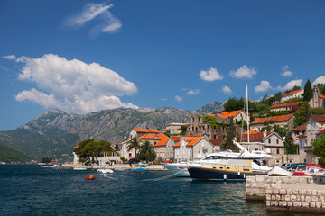Fototapeta na wymiar Embankment of Perast town, Bay of Kotor, Montenegro