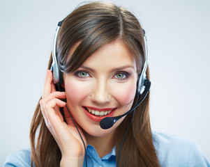 Smiling woman call center operator touching headsed. Close up b