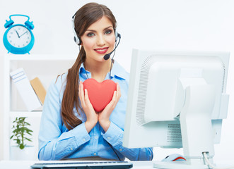 Portrait of call center smiling operator with phone headset iso