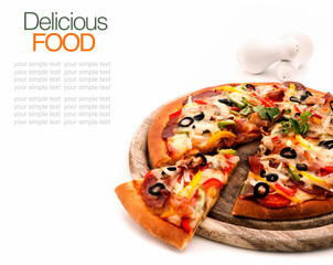 Delicious homemade pizza with ham and vegetables. - 60082089