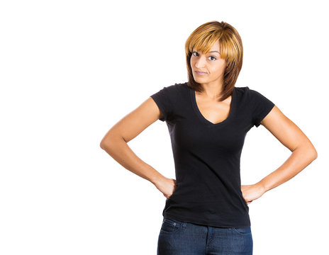 Skeptical young woman looking with doubt at you camera 