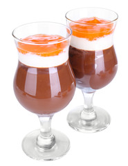 Dessert of chocolate and persimmon isolated on white