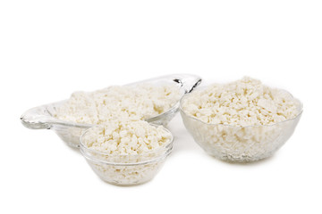 Three bowls with cottage cheese.