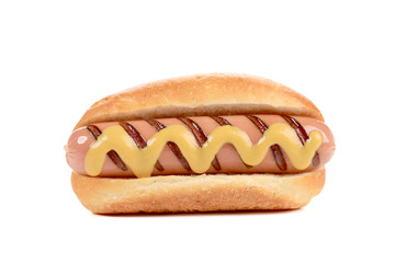 Hand hold hotdog with mustard.