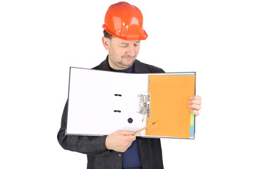 Worker in hard hat with opened folder.