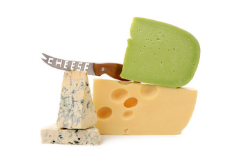 Various delicious cheese types with knife.