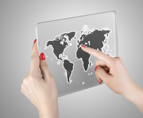 woman hand touch world map and connection