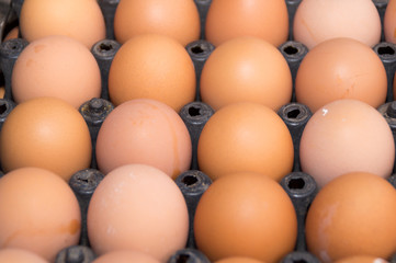 closeup of many fresh brown eggs in carton tray