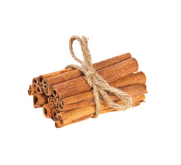related cinnamon sticks on white background