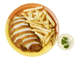 French fries and chicken on the white isolated background