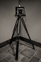  Vintage Camera on Wooden Tripod