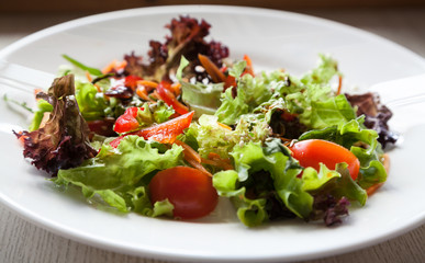 salad with arugula on white plate with selective focus