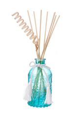 Blue air freshener bottle with scented sticks, isolated on white