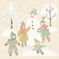 Winter background with children