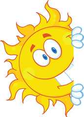 Smiling Sun Looking Around A Sign Cartoon Mascot Character