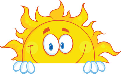 Smiling Sun Cartoon Mascot Character Over A Sign Board