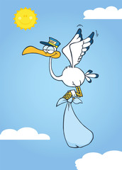 Cute Cartoon Stork Delivery A Baby Boy In The Sky
