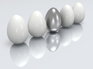 Steel egg in a row of the white eggs. 3D.