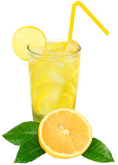 Lemonade with ice cubes and sliced lemon with leaf.