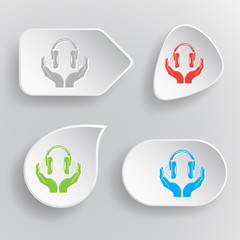 headphones in hands. White flat vector buttons on gray backgroun