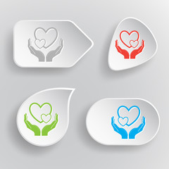 love in hands. White flat vector buttons on gray background.