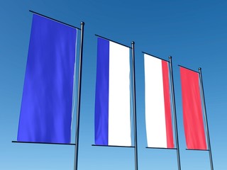 Conceptual French flag split into several flags on sky