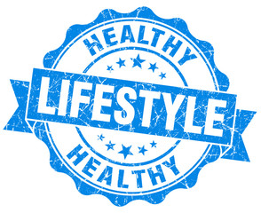 Healthy lifestyle blue grunge seal isolated on white background