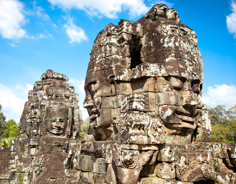 Famous smile face statues of  Prasat Bayon temple, Cambodia.