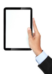 photo of a tablet held by a hand of businessman vertically