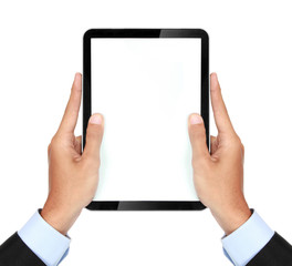 photo of a tablet held by a hand of businessman vertically