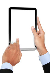 photo of a tablet held by a hand of businessman vertically