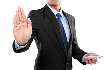businessman holding mobile smart phone and touching screen
