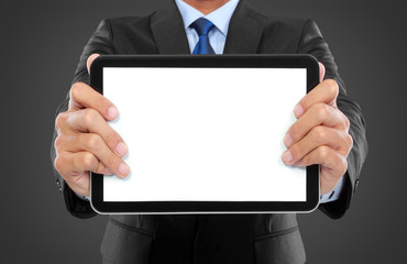 photo of a businessman showing blank tablet PC monitor