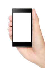 Hand holding mobile smart phone with blank screen